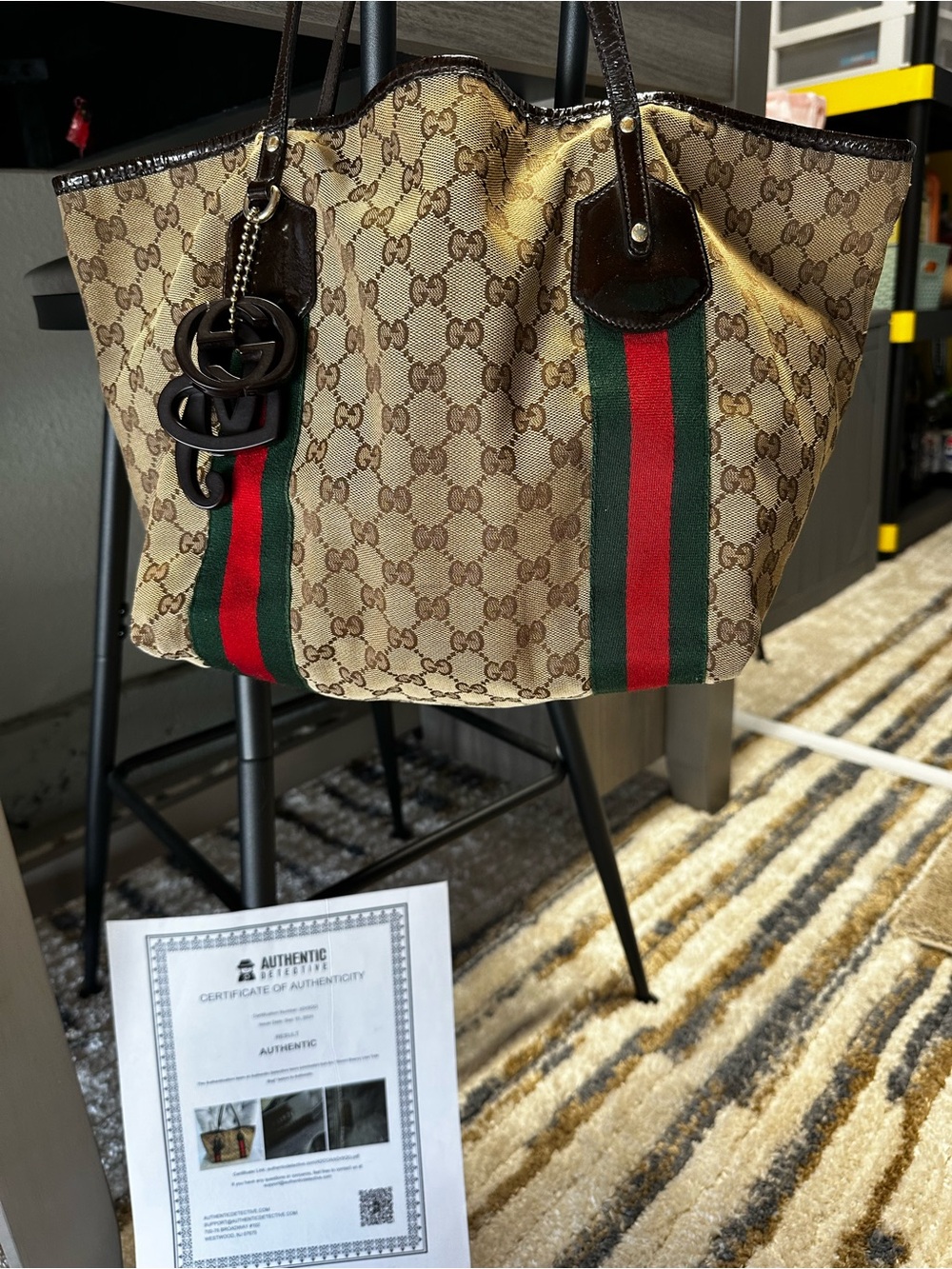 AUTHENTIC Vintage Gucci Brown Monogram Tote Green & Red Web Stripes & COA - Picture 2 of 11